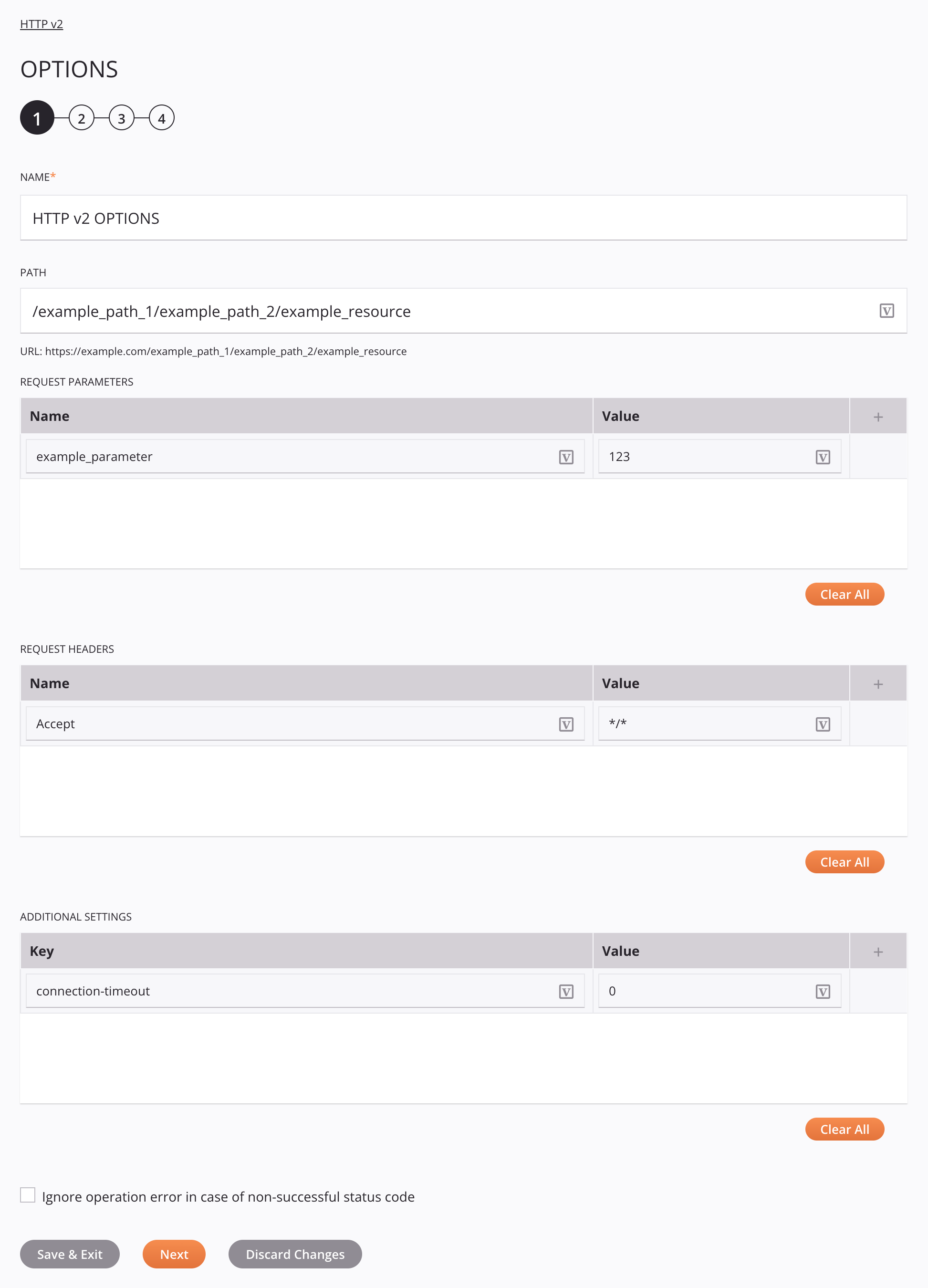 OPCIONES HTTP v2, paso 1 de configuración de la actividad