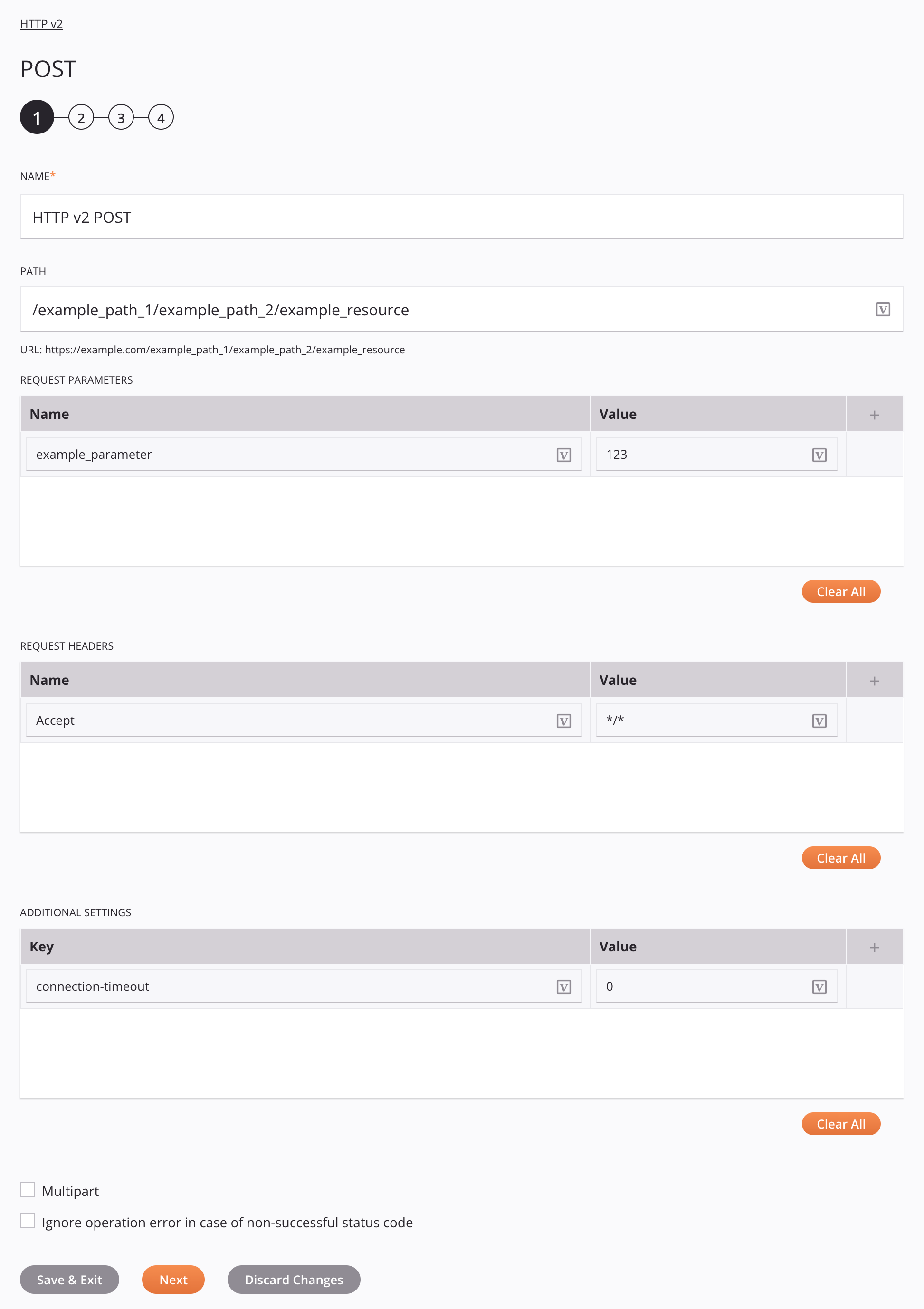 Paso 1 de configuración de la actividad HTTP v2 POST