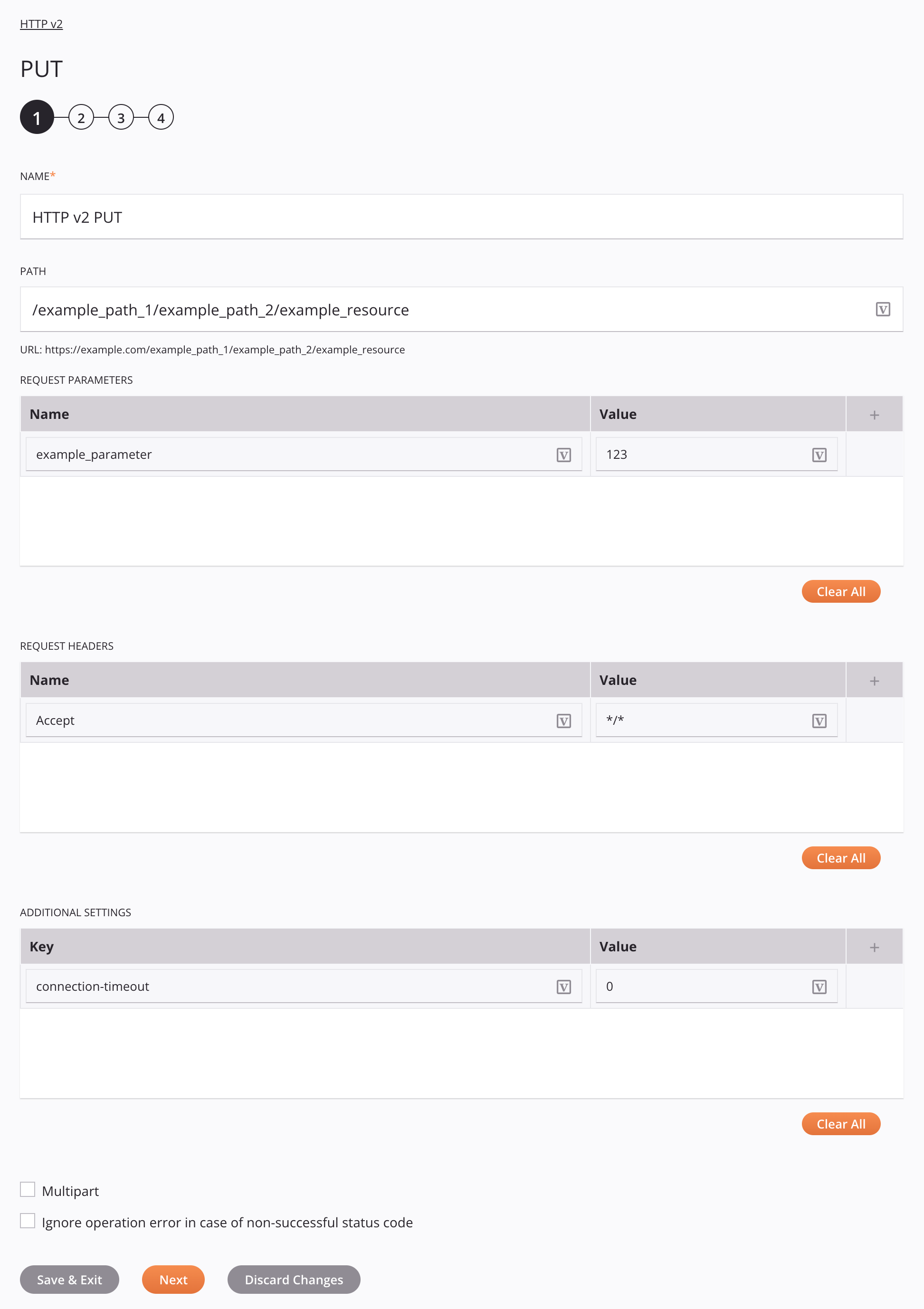 Paso 1 de configuración de la actividad PUT de HTTP v2