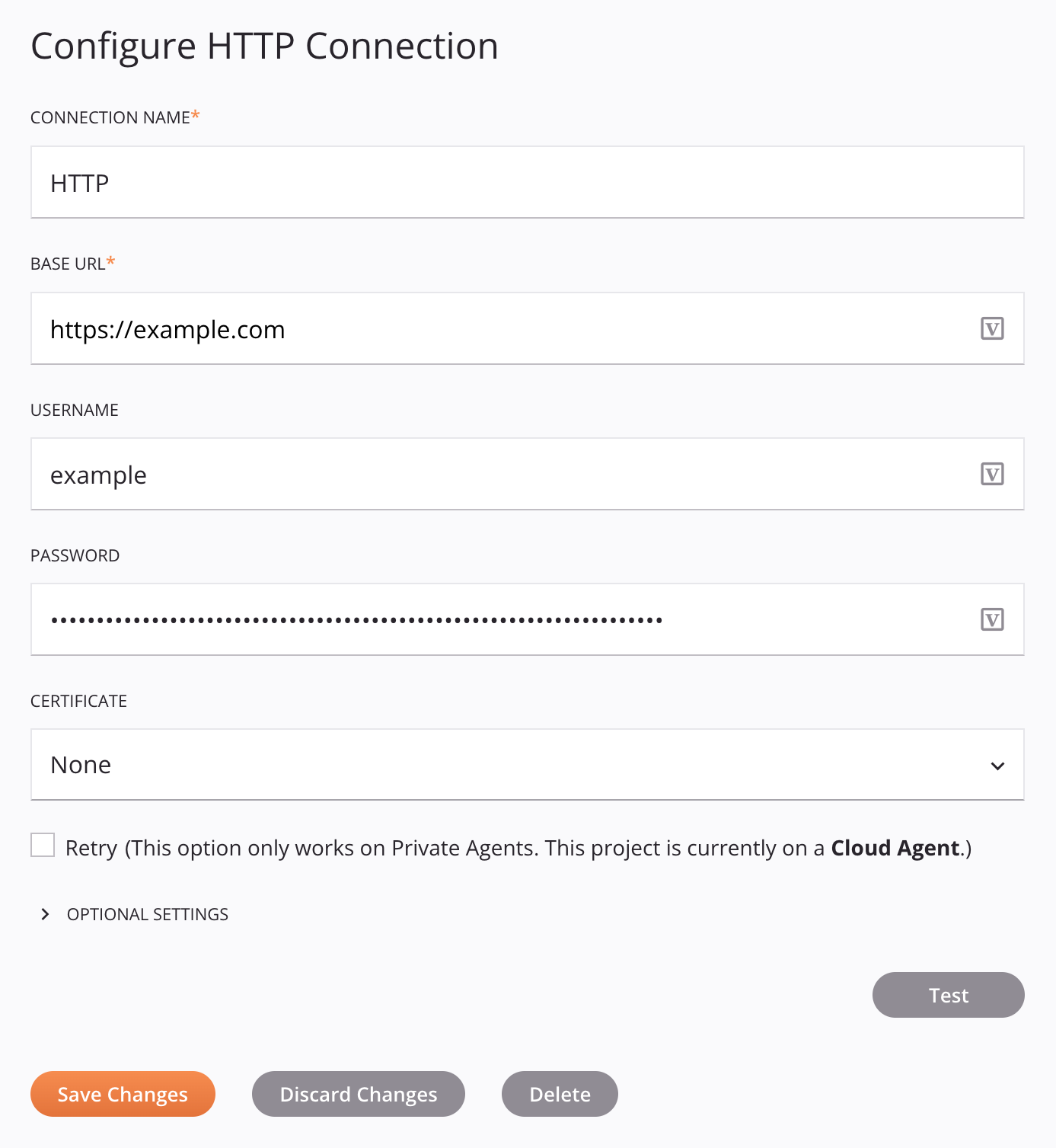 Configuración de la conexión HTTP