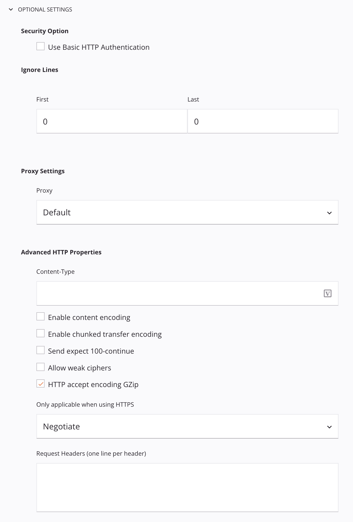 Configurações opcionais de conexão HTTP