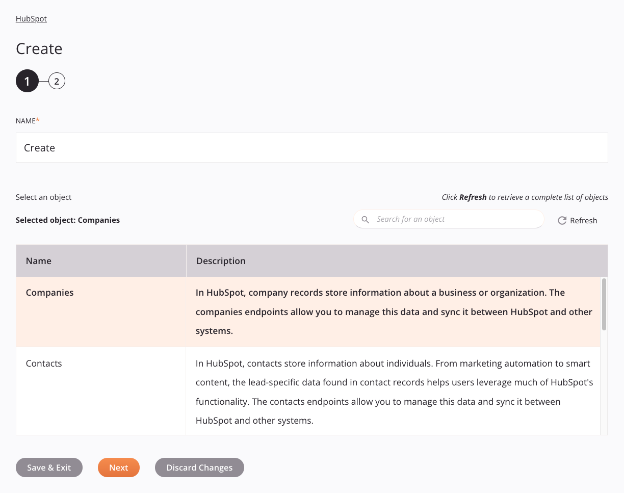 HubSpot Create activity configuration step 1