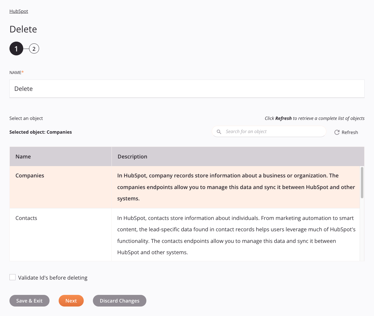 Paso 1 de configuración de actividad de eliminación de HubSpot