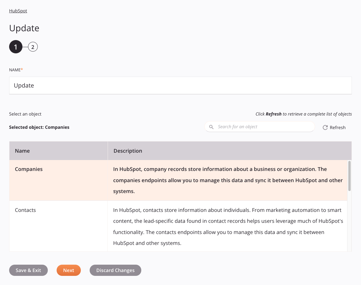 HubSpot Update activity configuration step 1