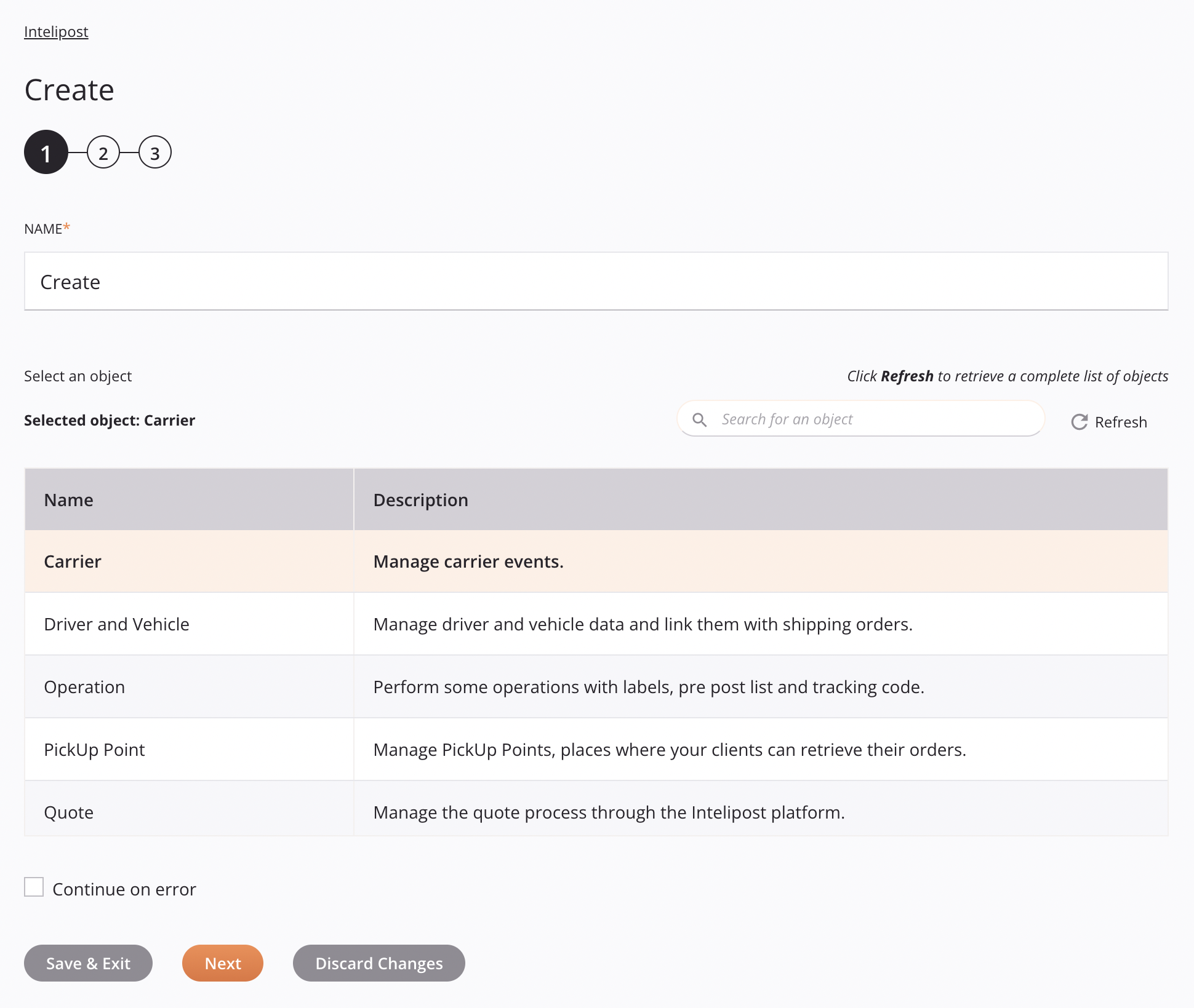 Intelipost Create activity configuration step 1