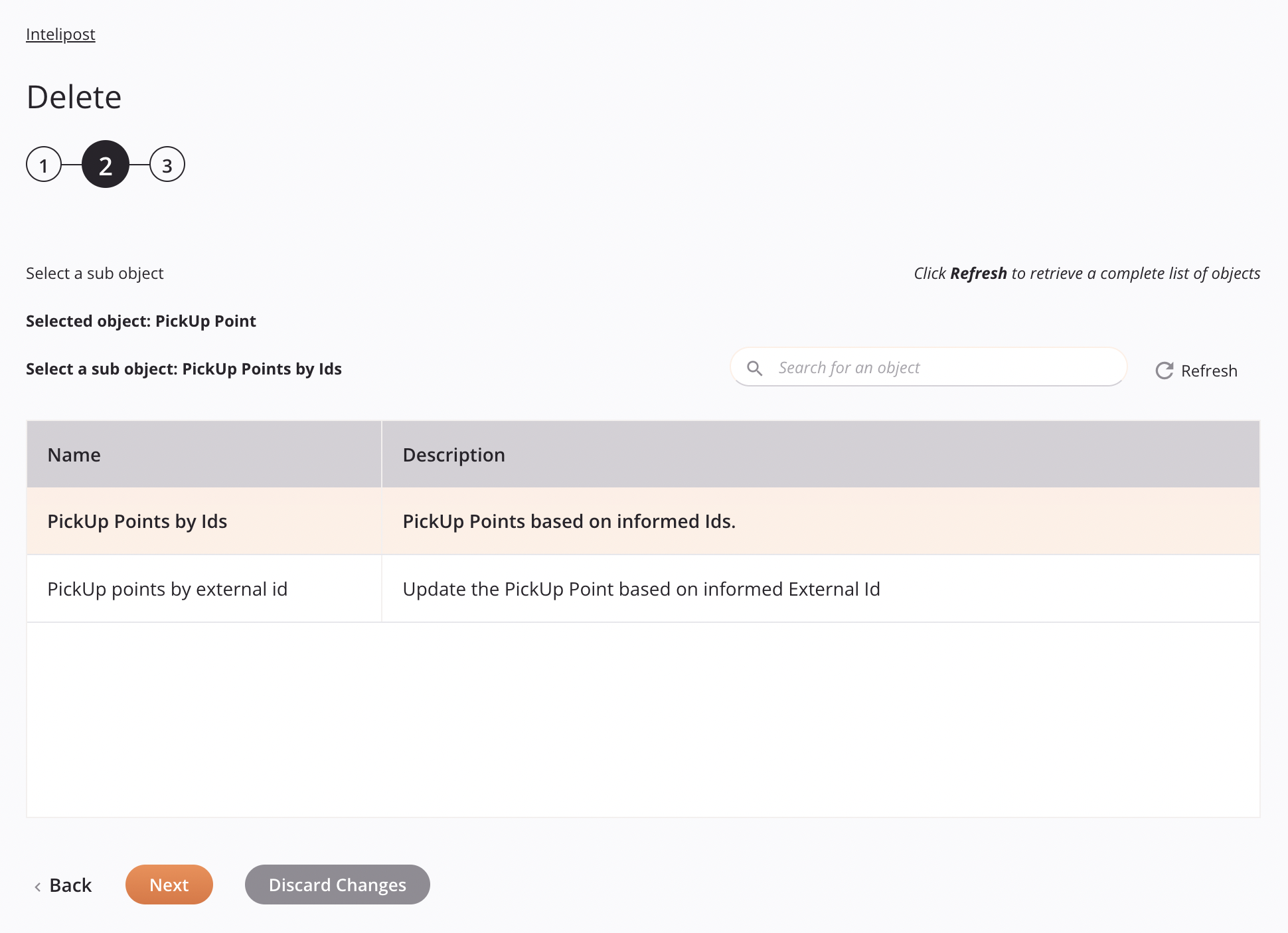 Etapa 2 da configuração da atividade de exclusão do Intelipost