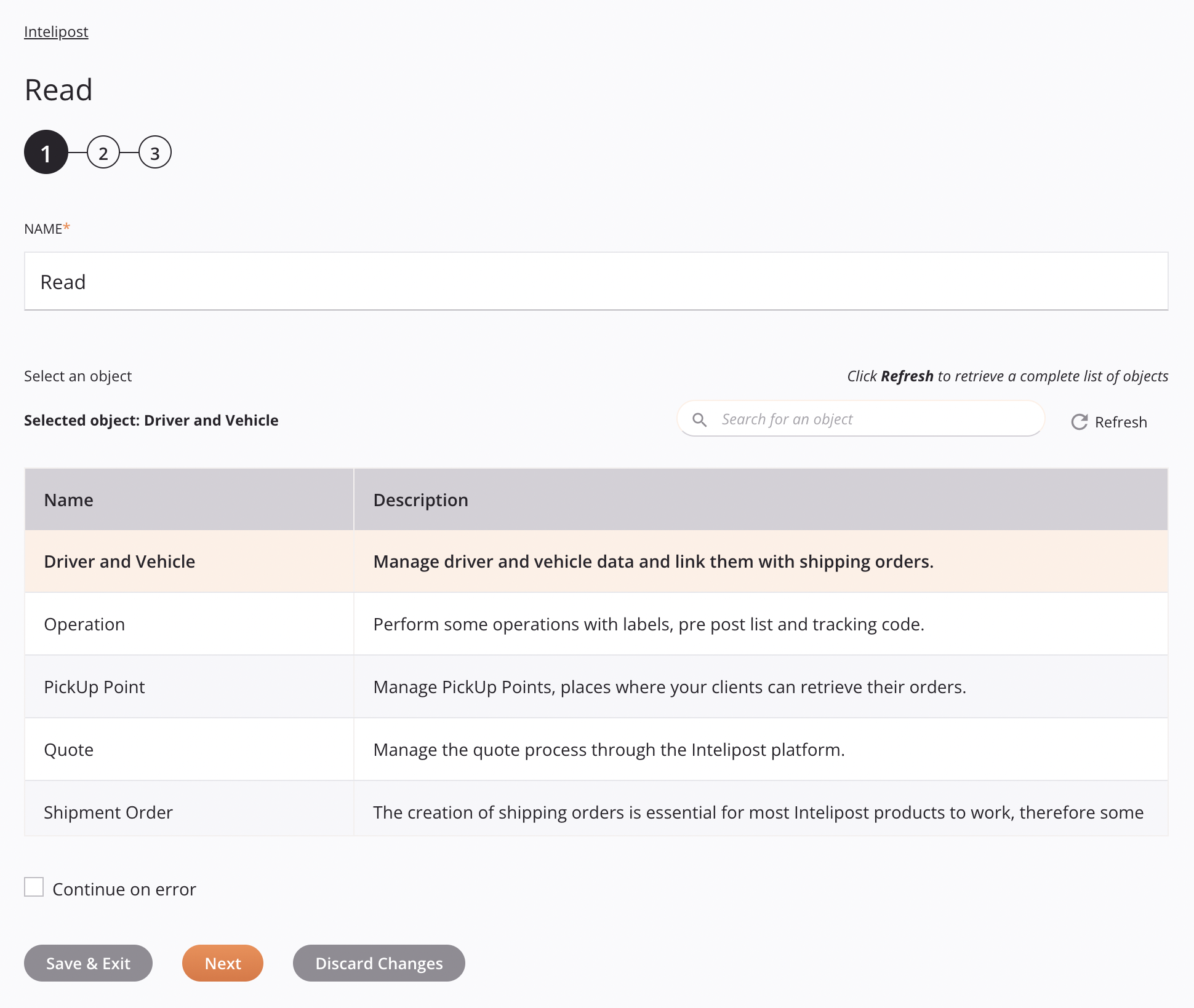 Etapa 1 da configuração da atividade de leitura do Intelipost