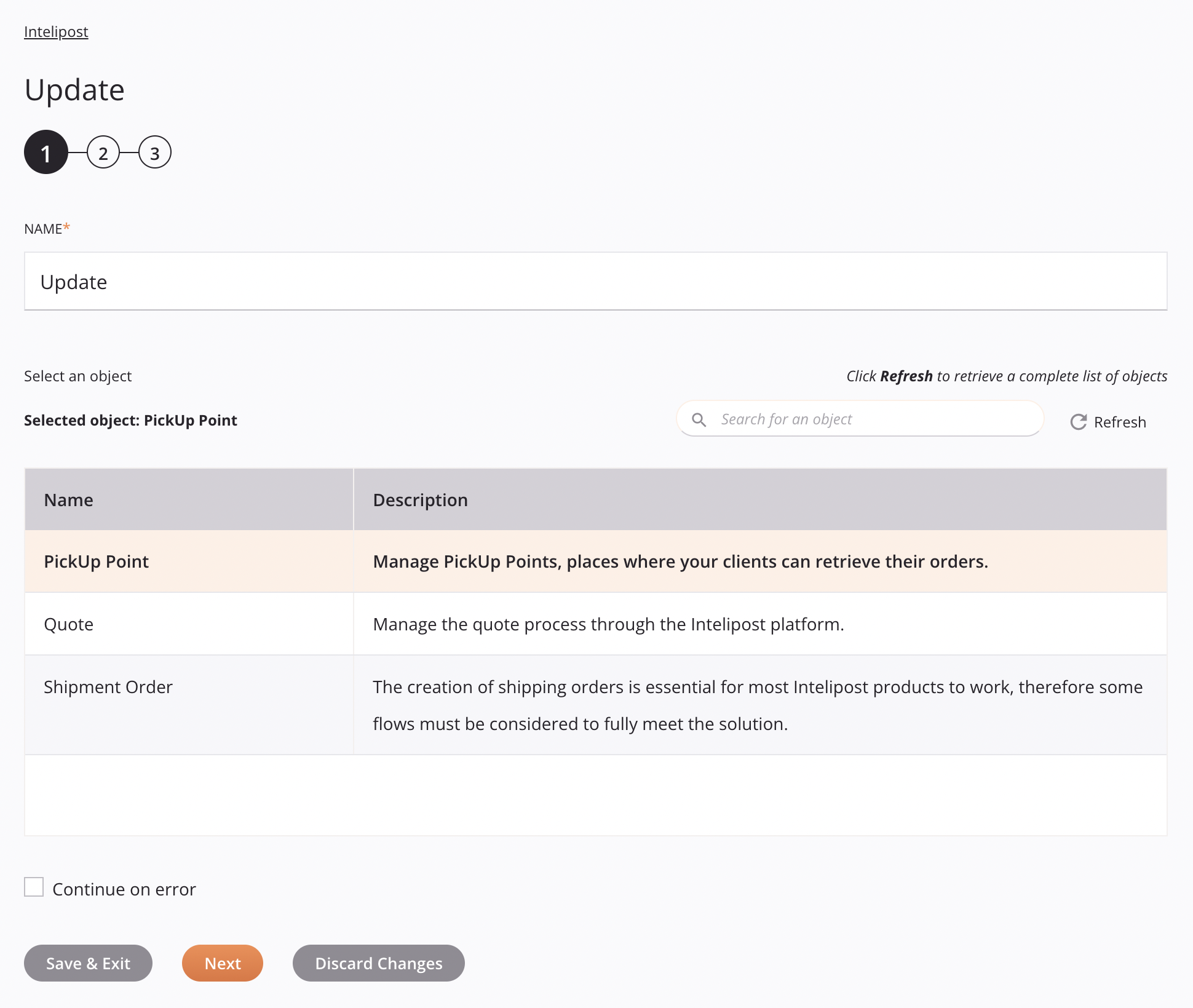 Paso 1 de configuración de la actividad de actualización de Intelipost