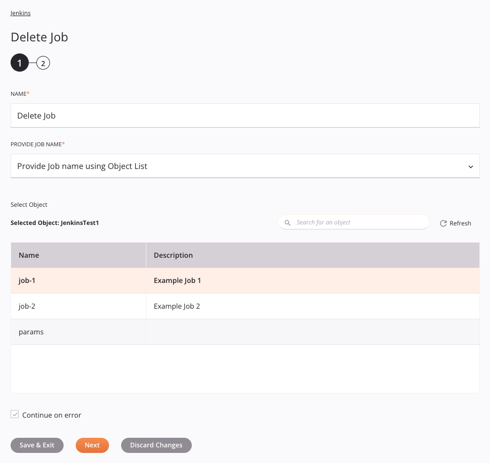 Objeto del paso 1 de configuración de actividad de trabajo de eliminación de Jenkins