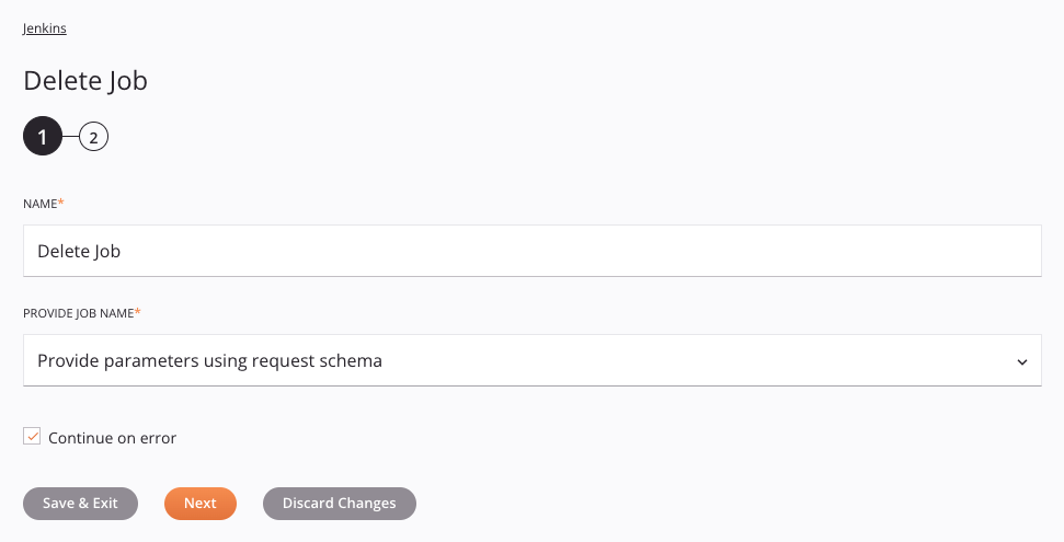 Jenkins Delete Job activity configuration step 1 schema