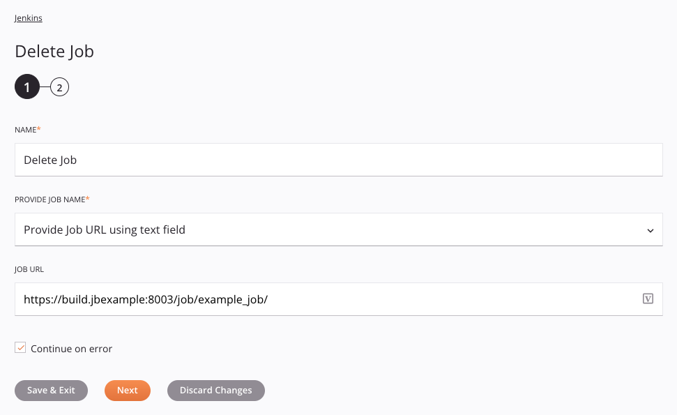 Jenkins Delete Job activity configuration step 1 text