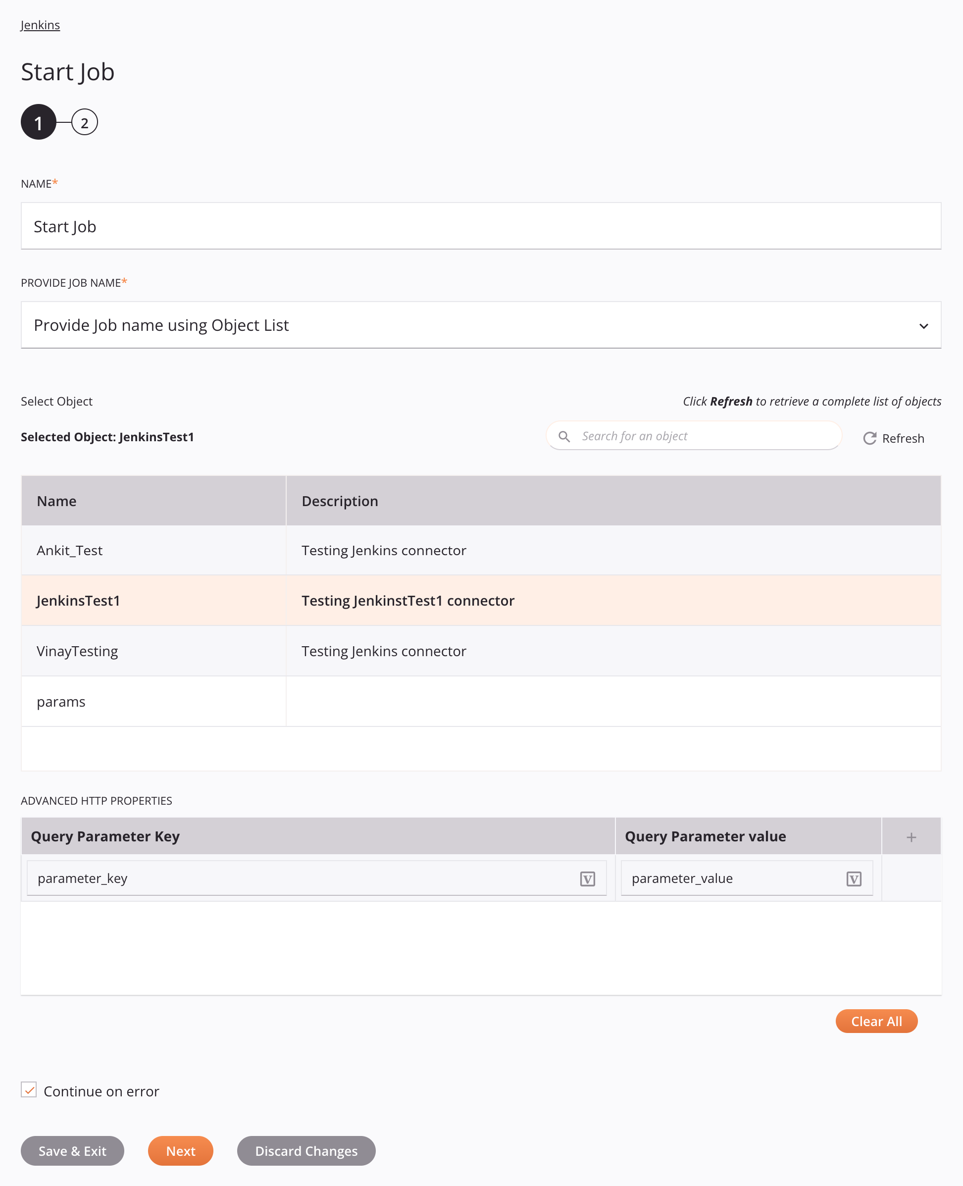 Objeto del paso 1 de configuración de la actividad laboral de inicio de Jenkins