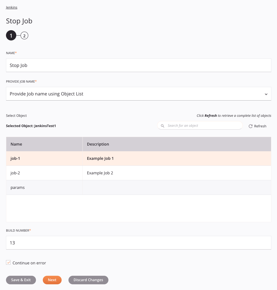 Objeto del paso 1 de configuración de actividad laboral de parada de Jenkins