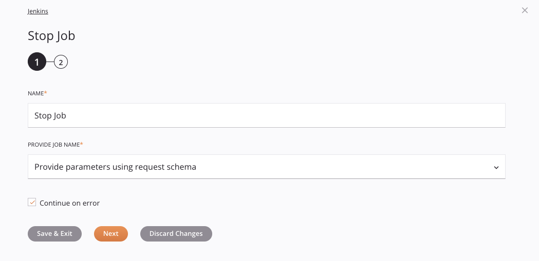 Jenkins Stop Job activity configuration step 1 schema
