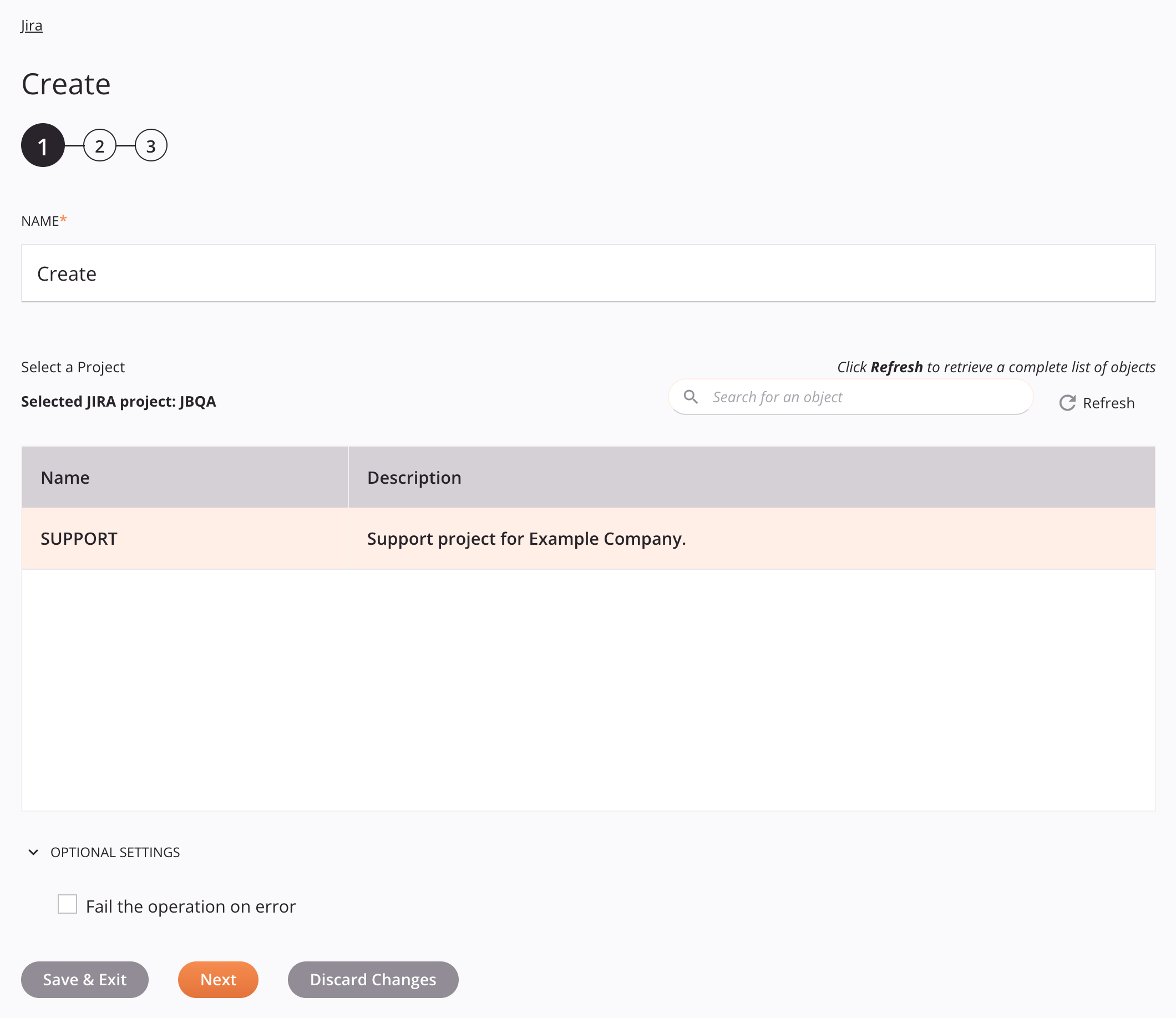 Paso 1 de configuración de la actividad de Jira Create