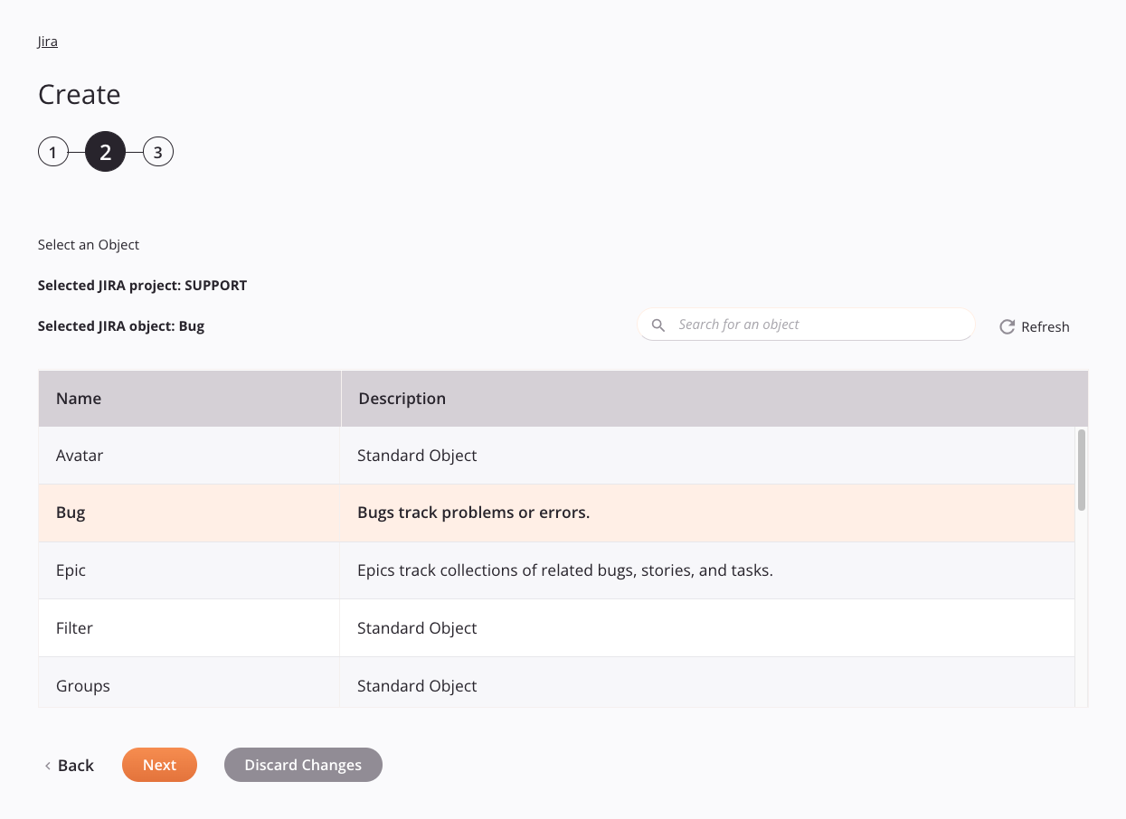 Paso 2 de configuración de la actividad de Jira Create