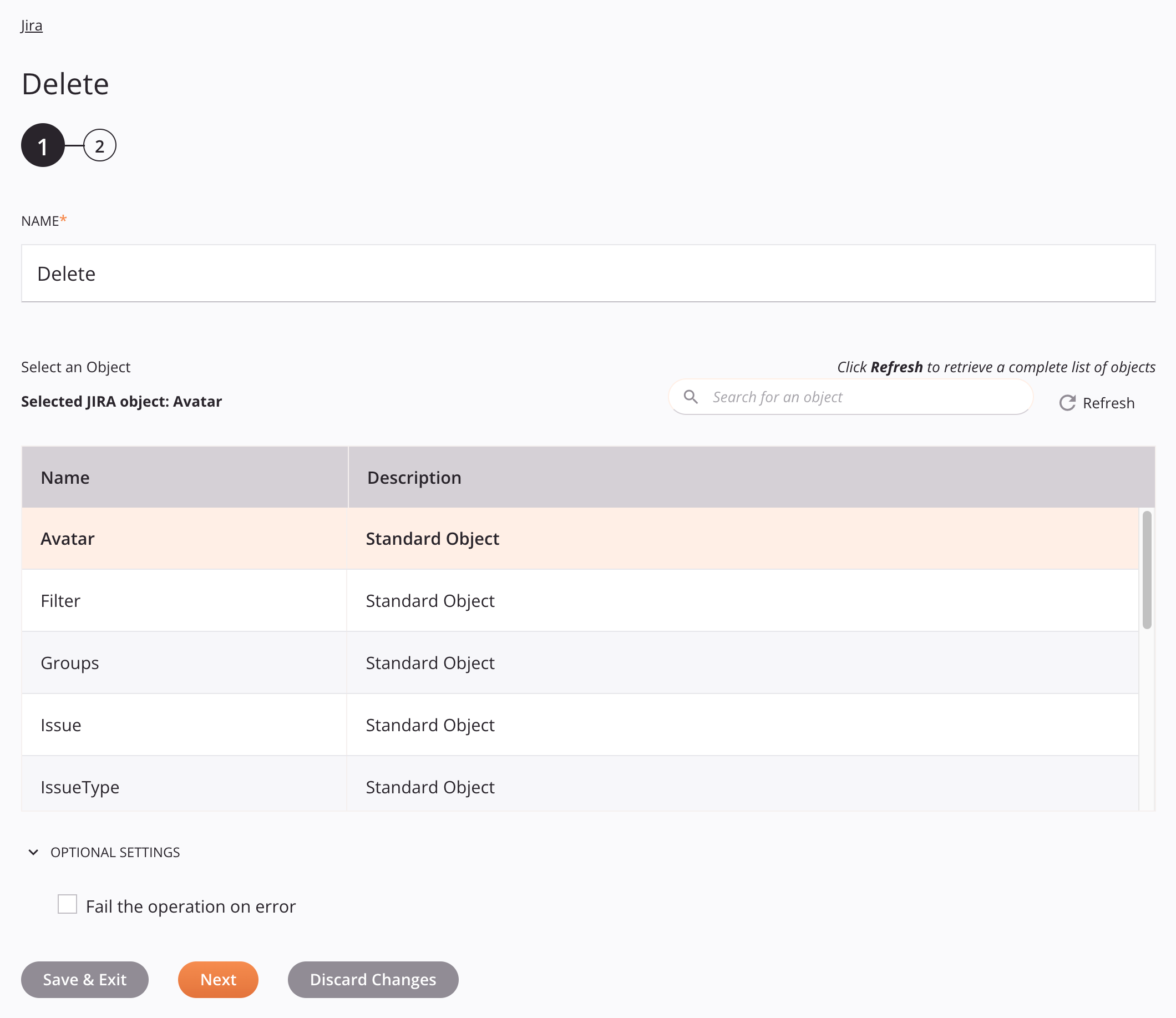 Paso 1 de la configuración de la actividad de eliminación de Jira