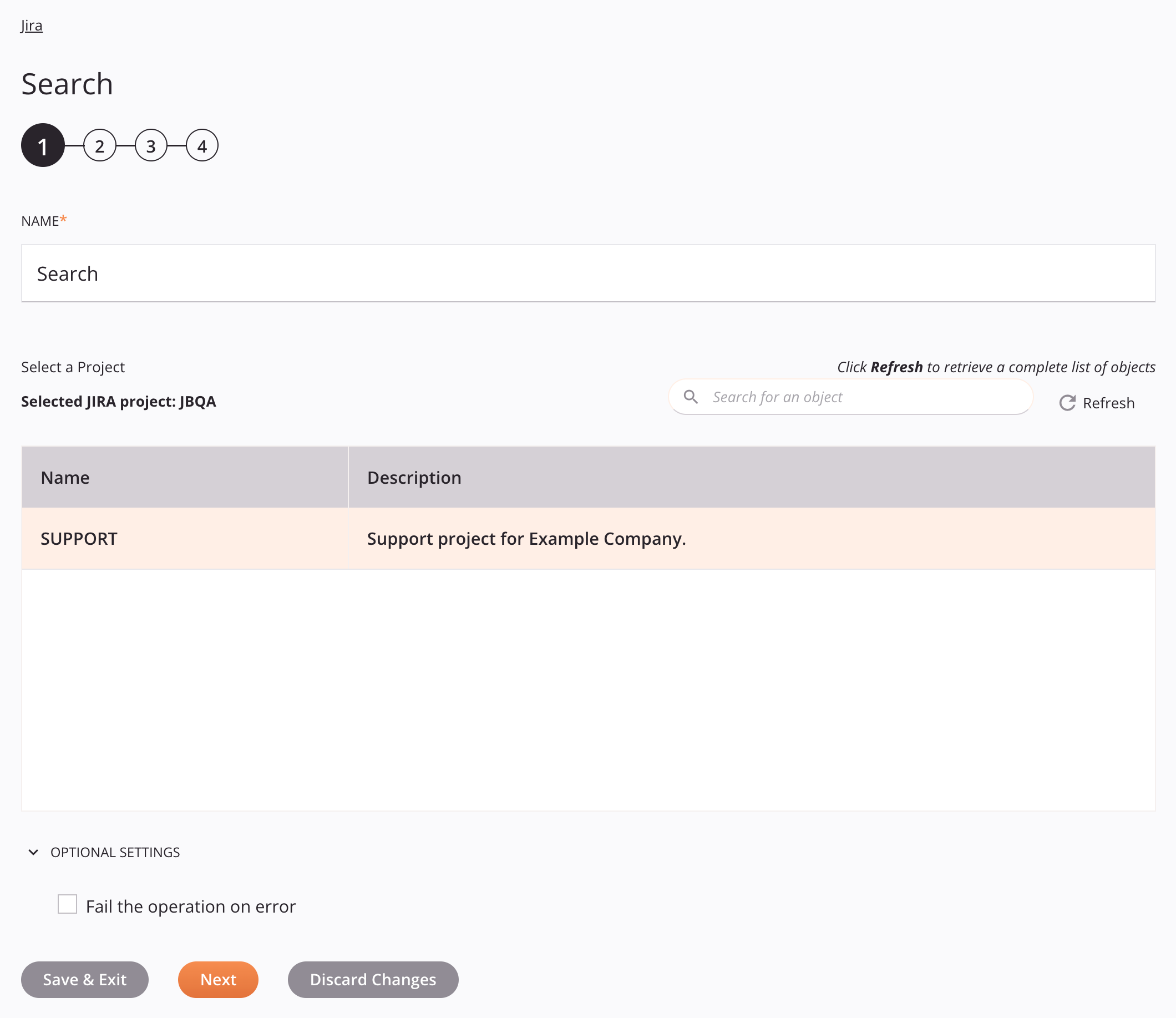 Etapa 1 da configuração da atividade do Jira Search