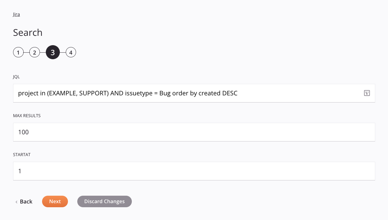 Jira Search activity configuration step 3