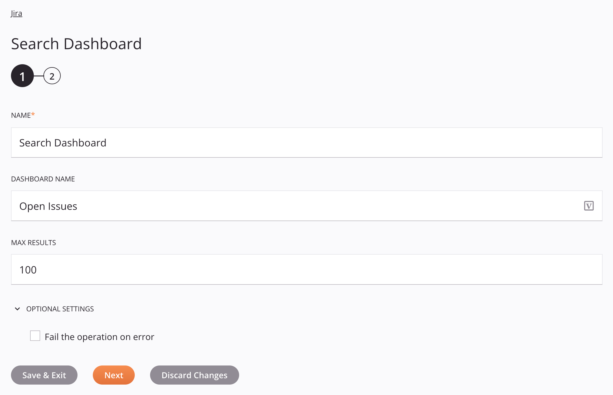 Etapa 1 da configuração da atividade do Painel de Pesquisa do Jira