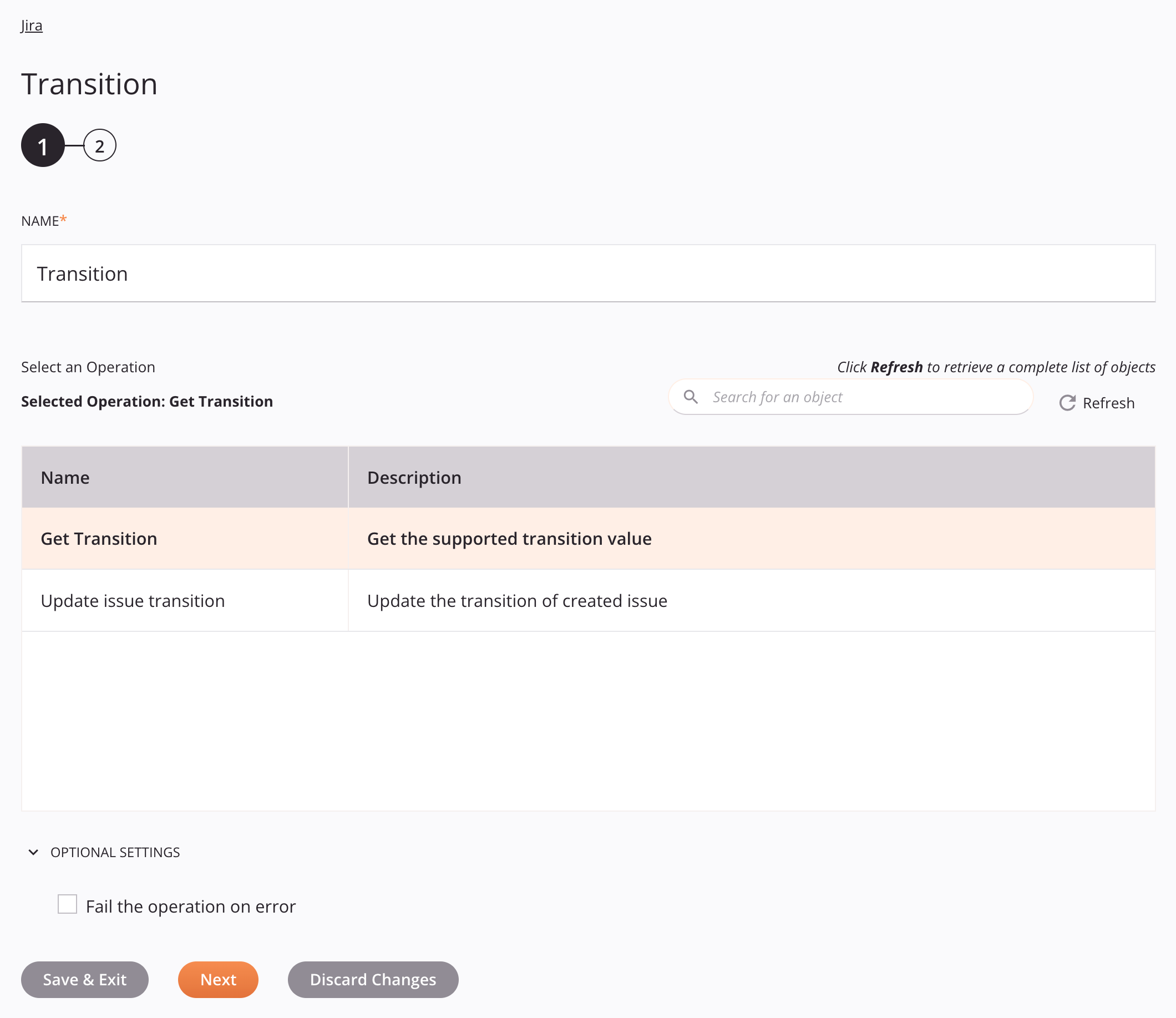 Jira Transition activity configuration step 1