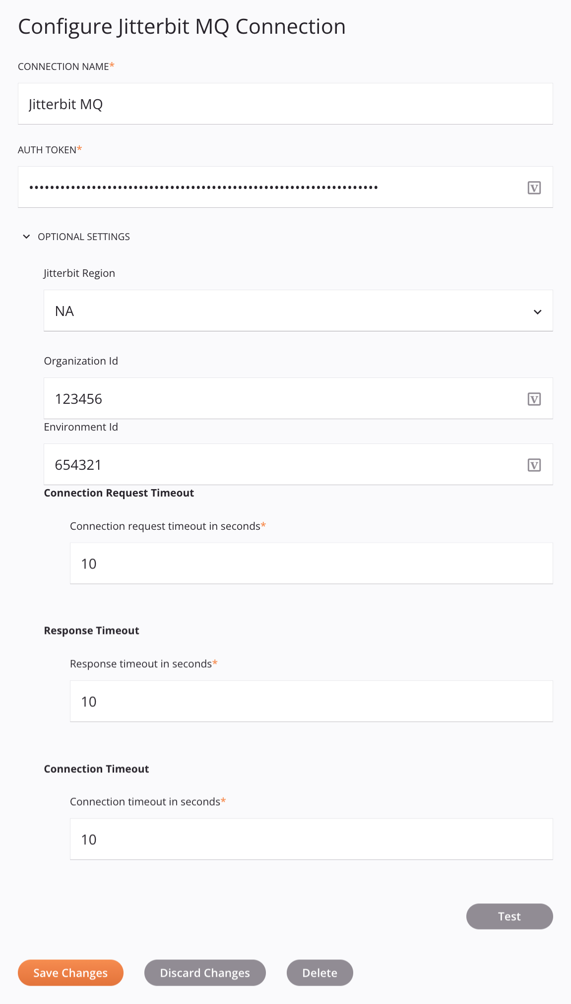 Configuração de conexão do Jitterbit MQ