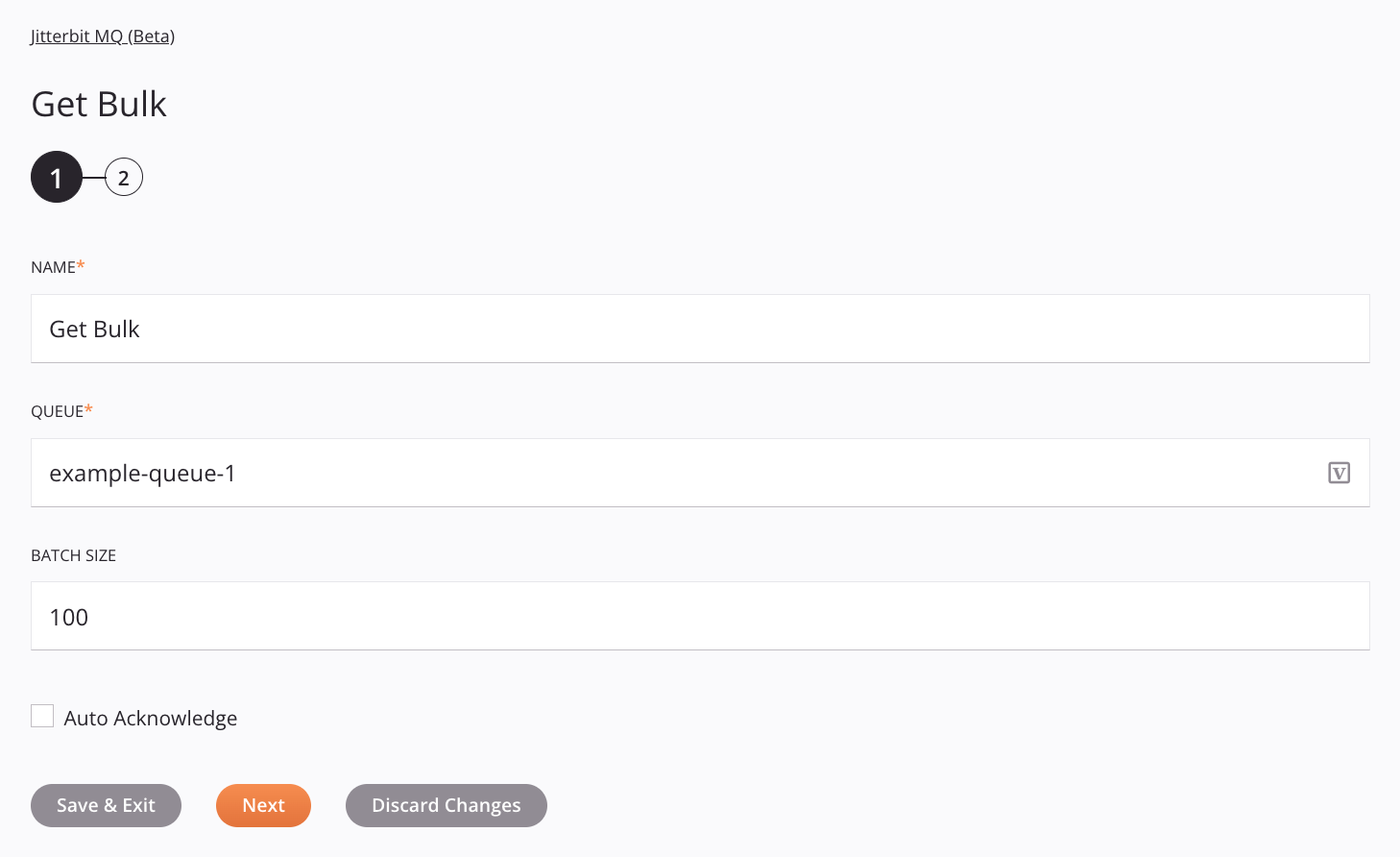 Jitterbit MQ Obtener configuración de actividad masiva Paso 1