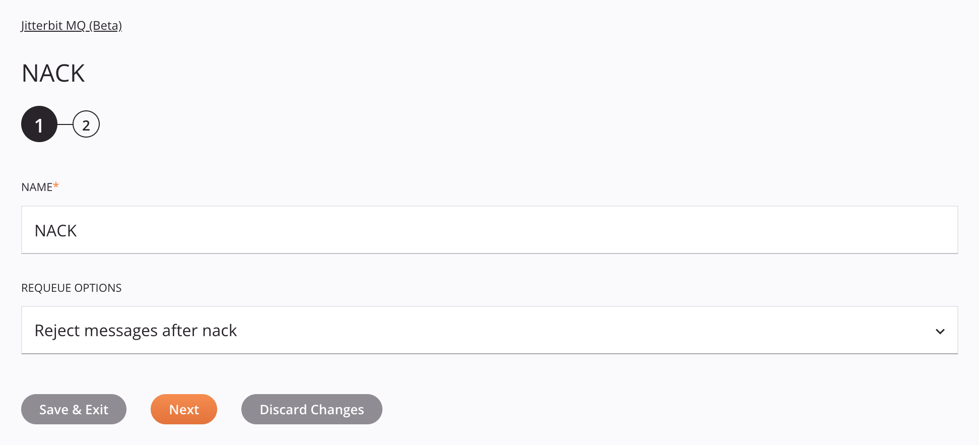 Jitterbit MQ NACK activity configuration step 1