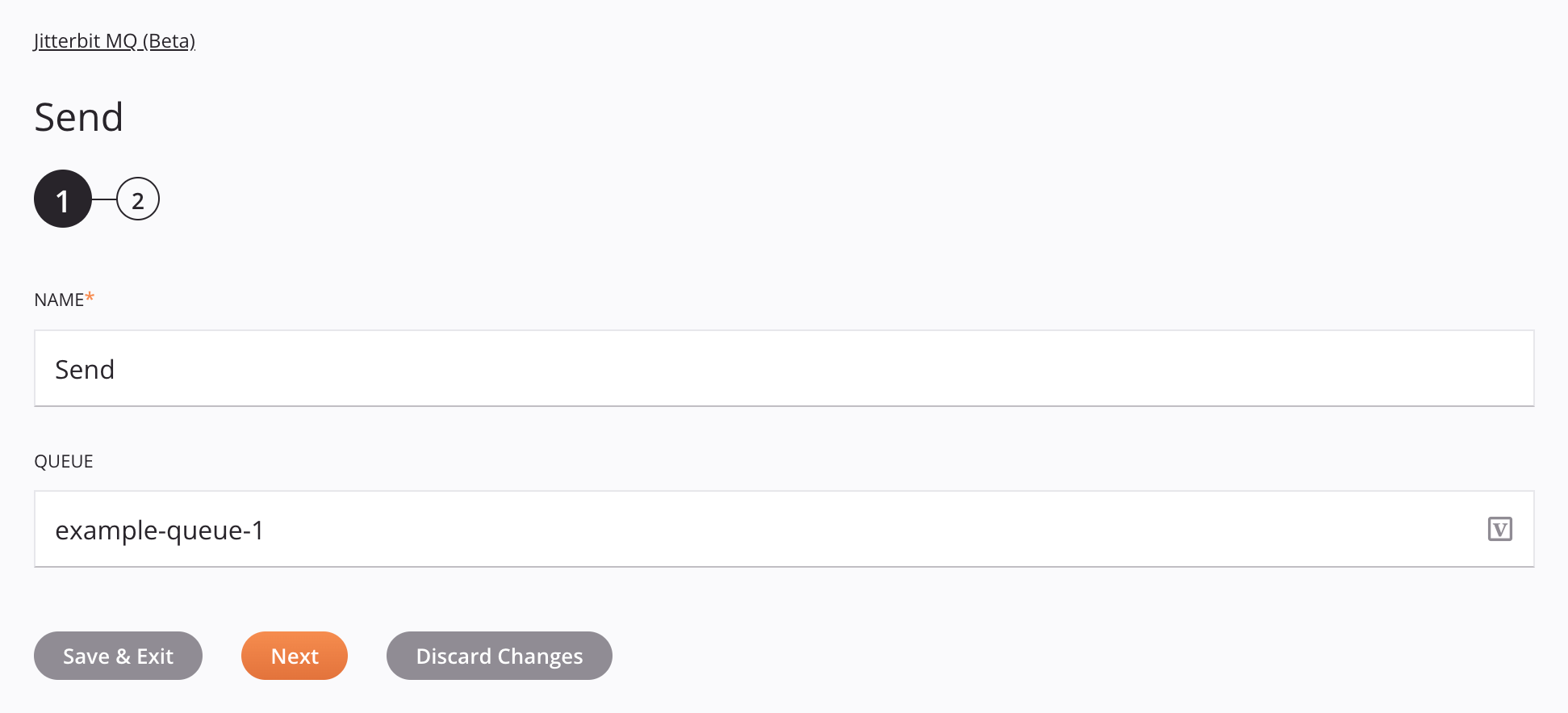 Paso 1 de la configuración de la actividad de envío de Jitterbit MQ