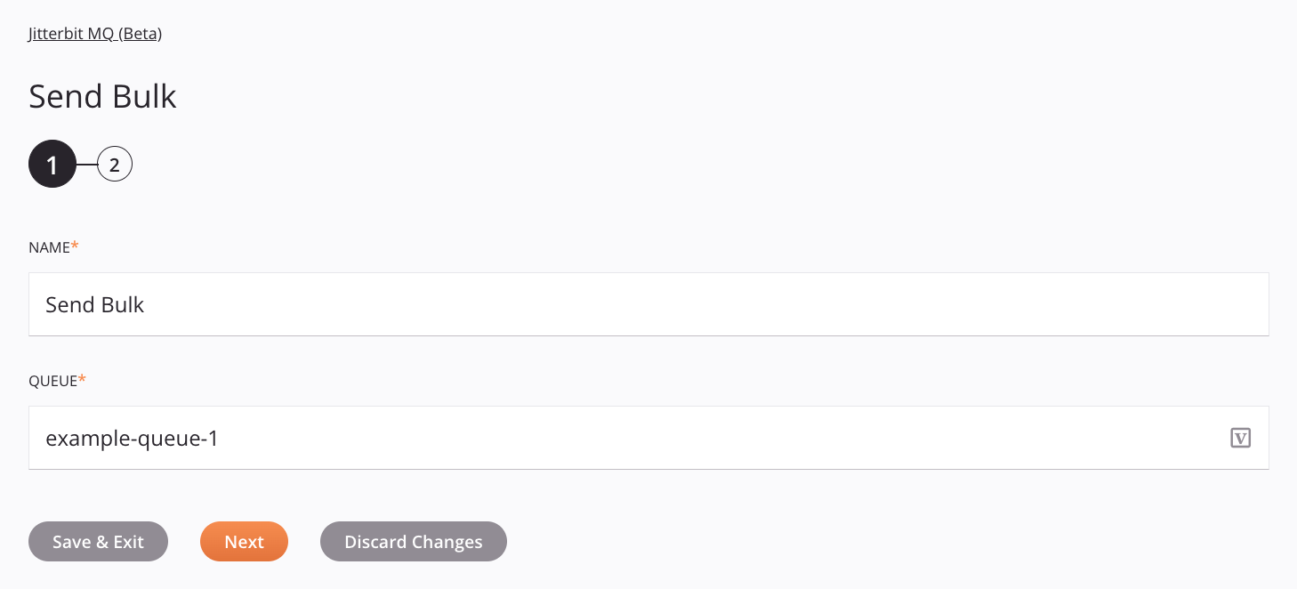 Paso 1 de configuración de actividad de envío masivo de Jitterbit MQ