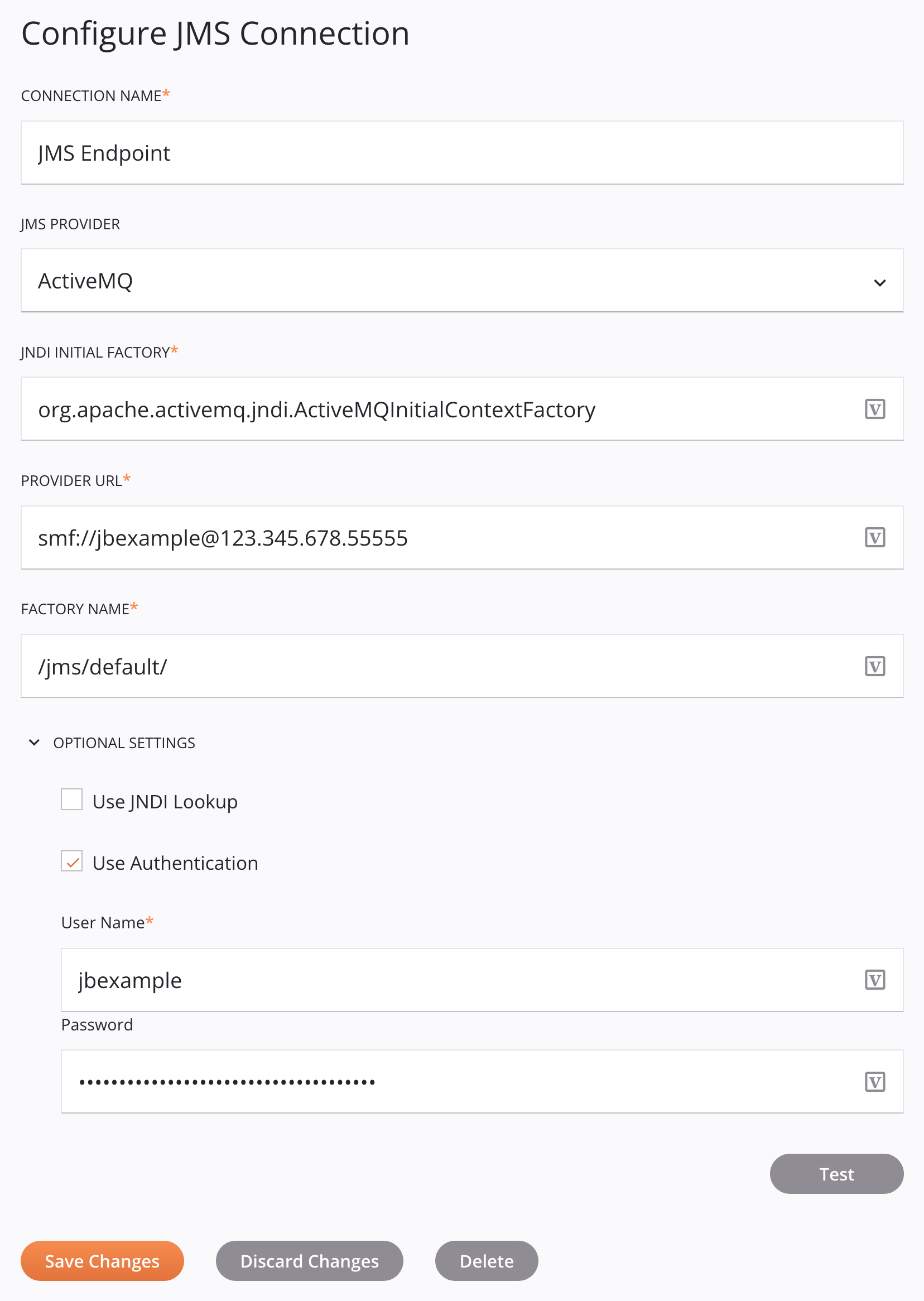 Configuración de conexión MQ activa JMS