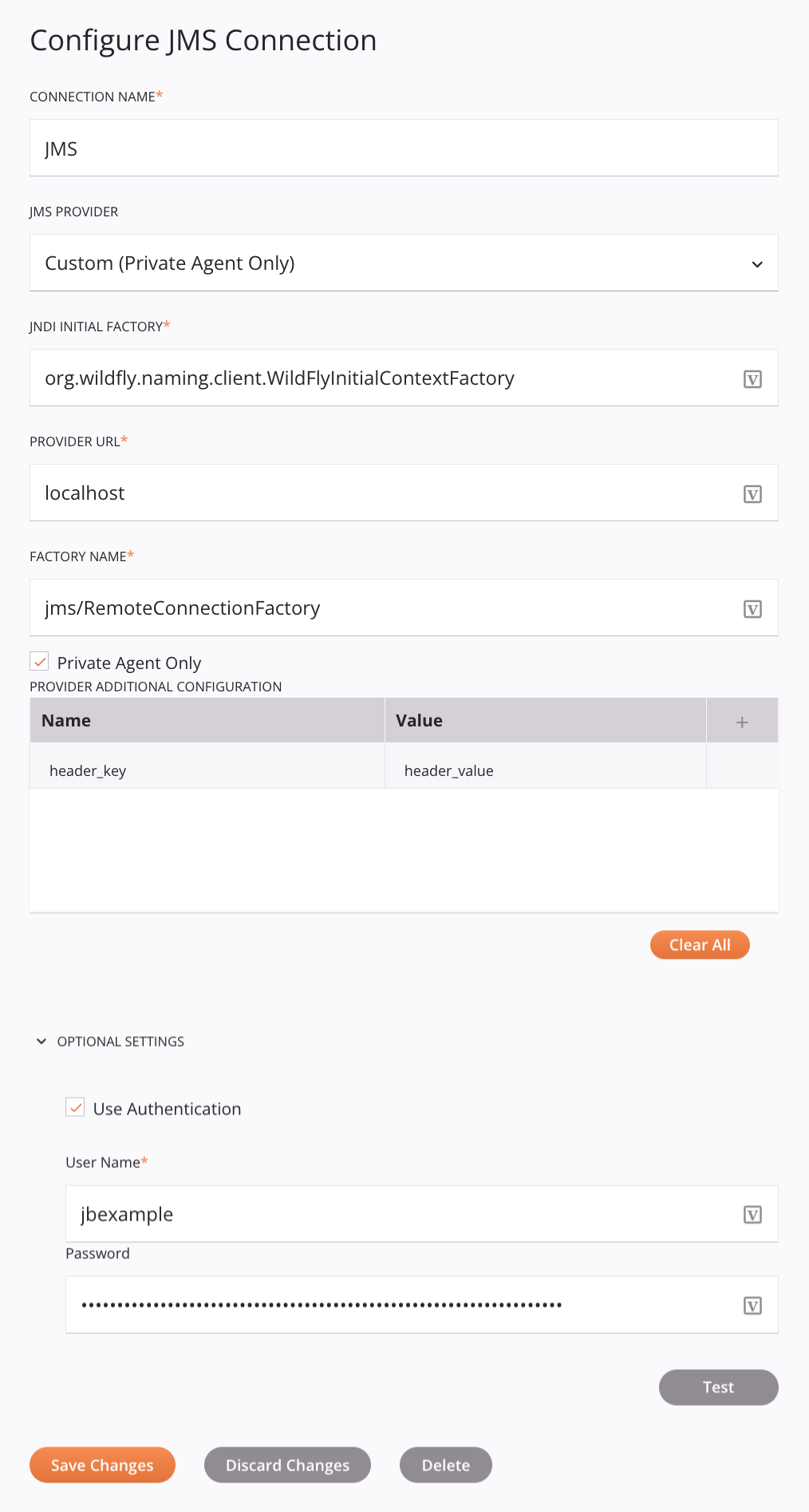 Configuración de conexión personalizada JMS