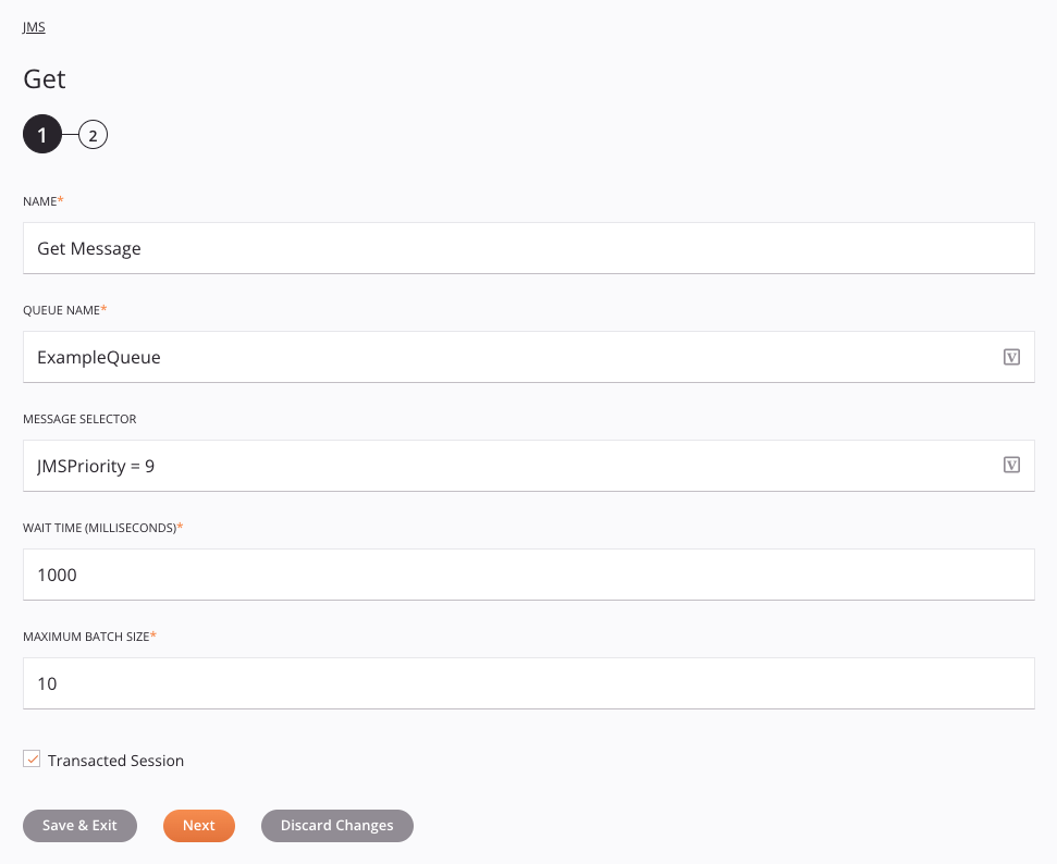 Paso 1 de configuración de la actividad de obtención de JMS