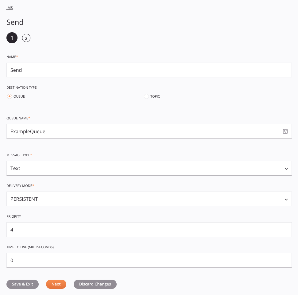 Paso 1 de configuración de la actividad de envío de JMS