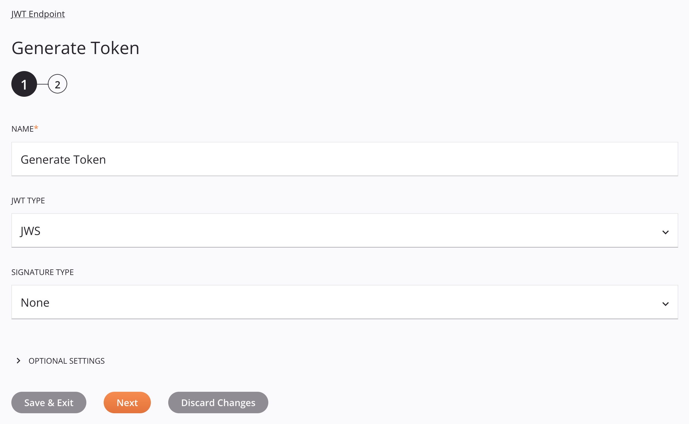 JWT Generate Token activity configuration step 1