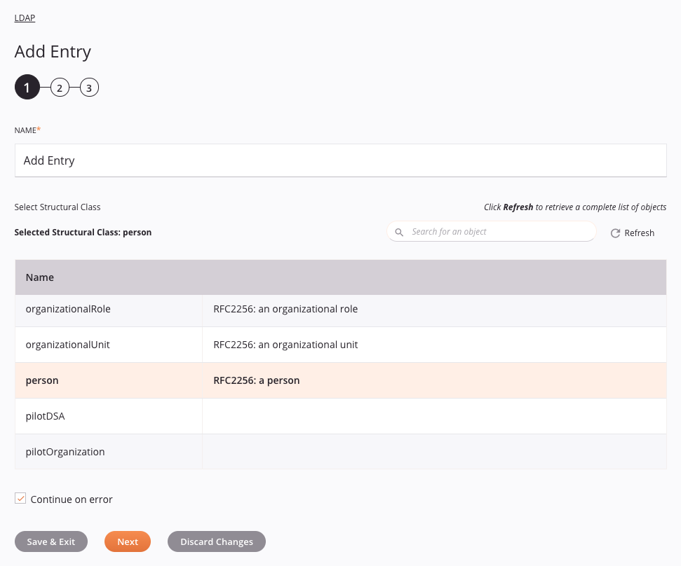 Etapa 1 da configuração da atividade de adição de entrada LDAP