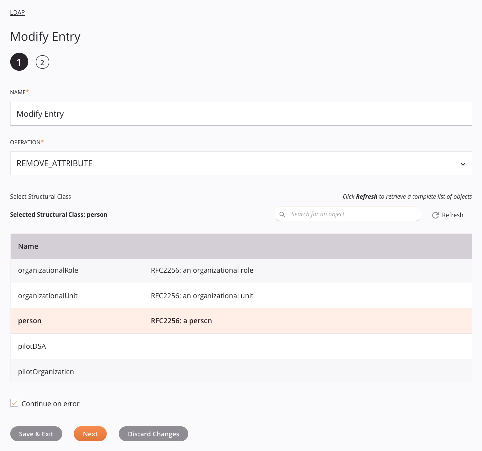 Etapa 1 da configuração da atividade de entrada de modificação do LDAP