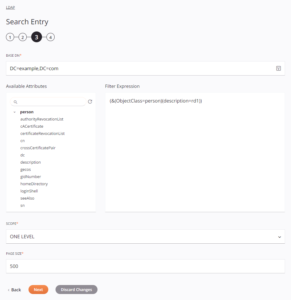 Etapa 3 da configuração da atividade de entrada de pesquisa LDAP