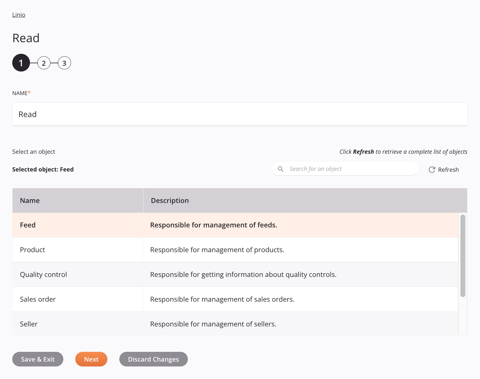 Linio Read activity configuration step 1