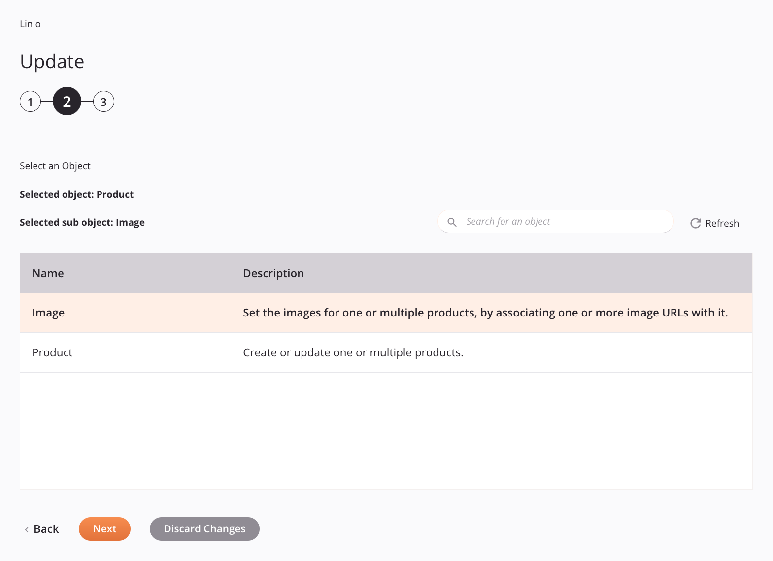 Configuración de la actividad de actualización de Linio Paso 2