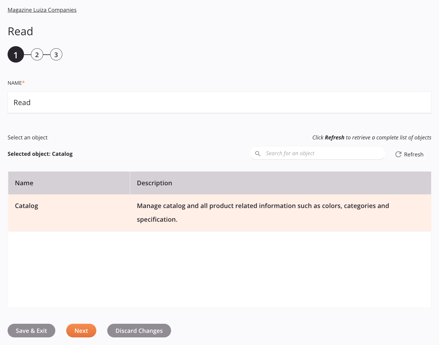 Magazine Luiza Companies Read activity configuration step 1