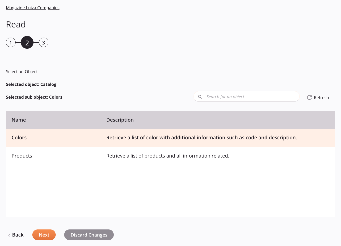 Magazine Luiza Companies Read activity configuration step 2