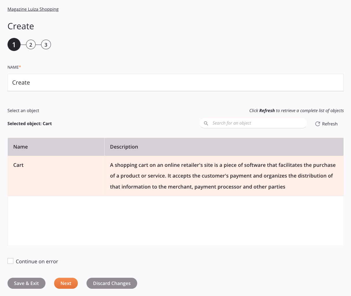 Magazine Luiza Shopping Create activity configuration step 1