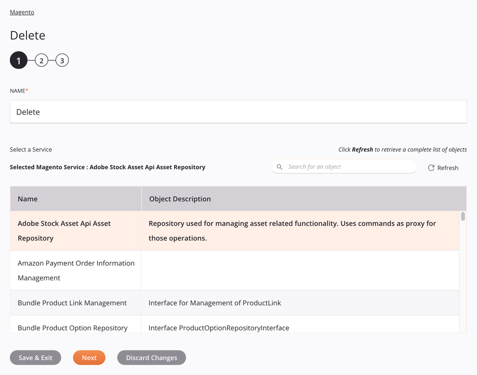 Paso 1 de configuración de actividad de eliminación de Magento