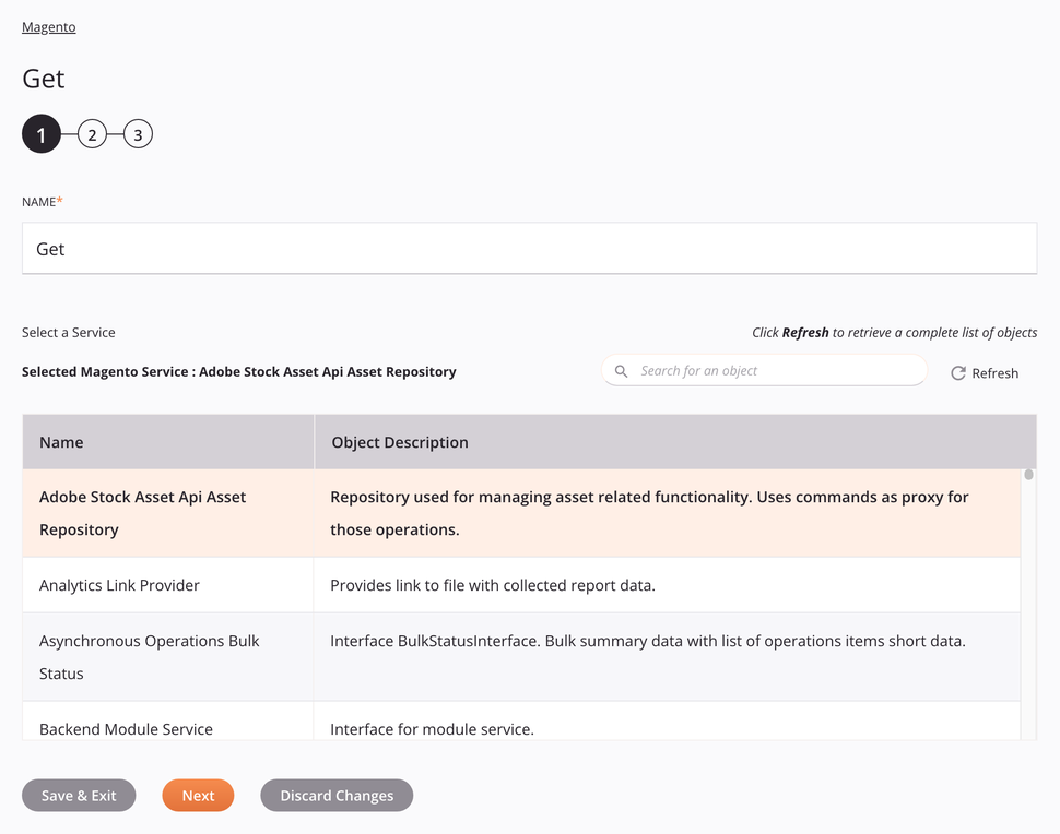 Etapa 1 da configuração da atividade de obtenção do Magento