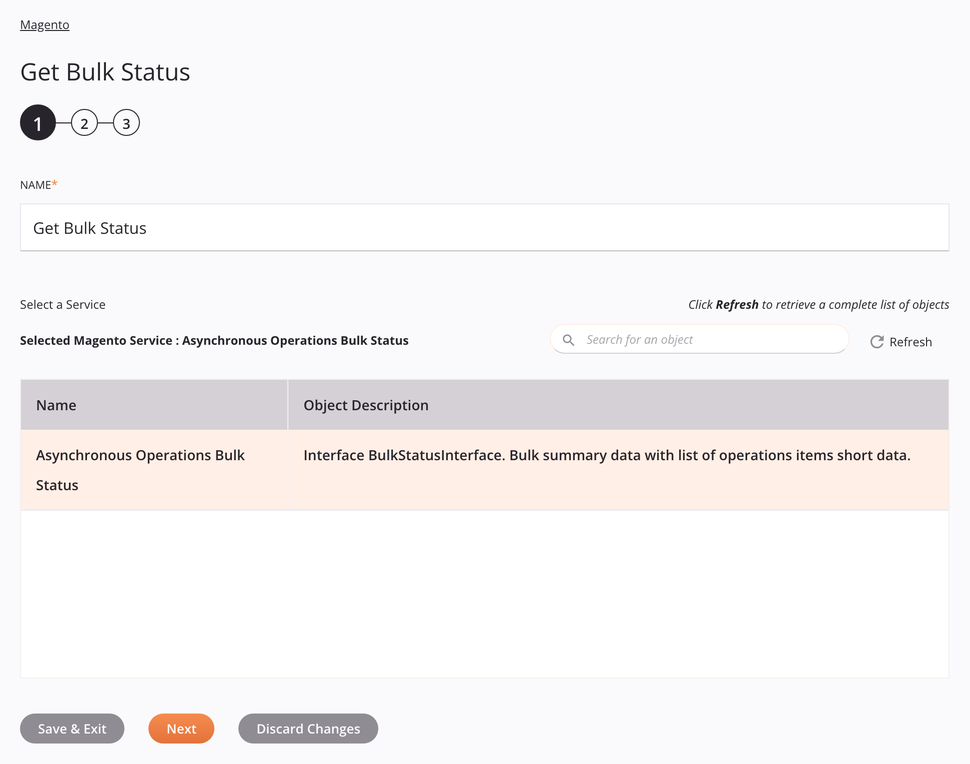 Magento Get Bulk Status activity configuration step 1