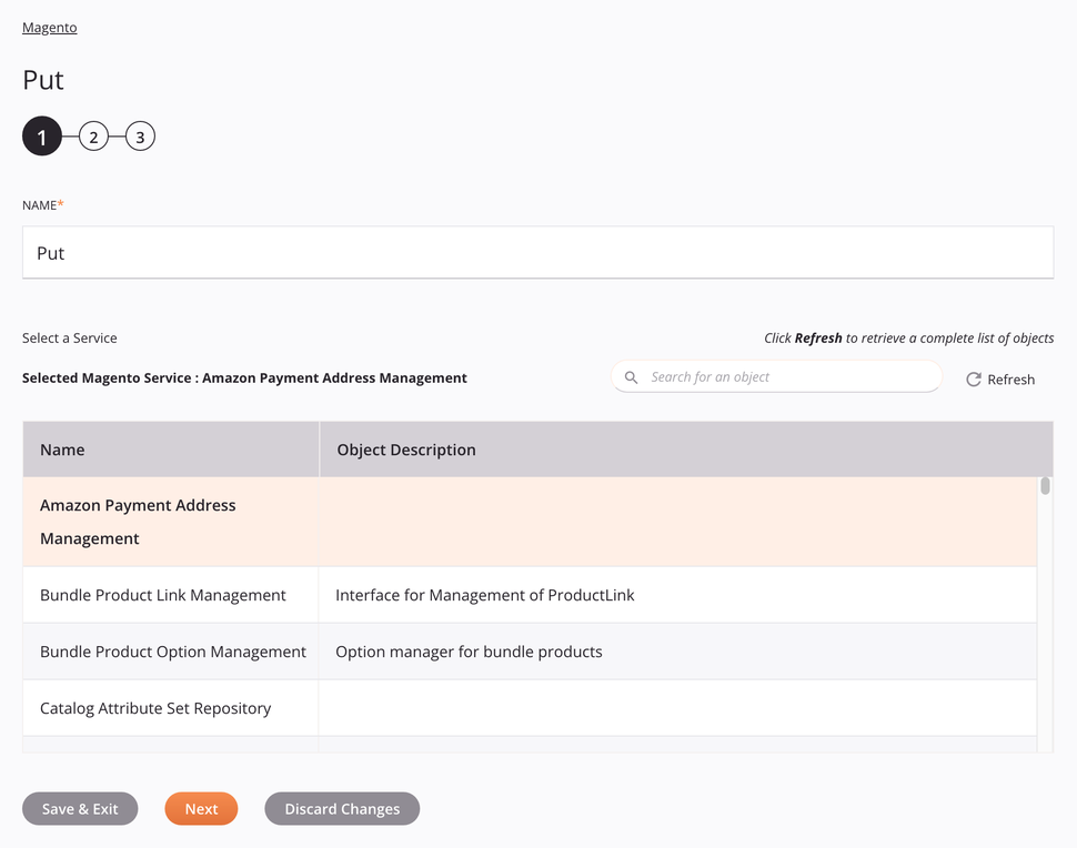 Magento Put activity configuration step 1