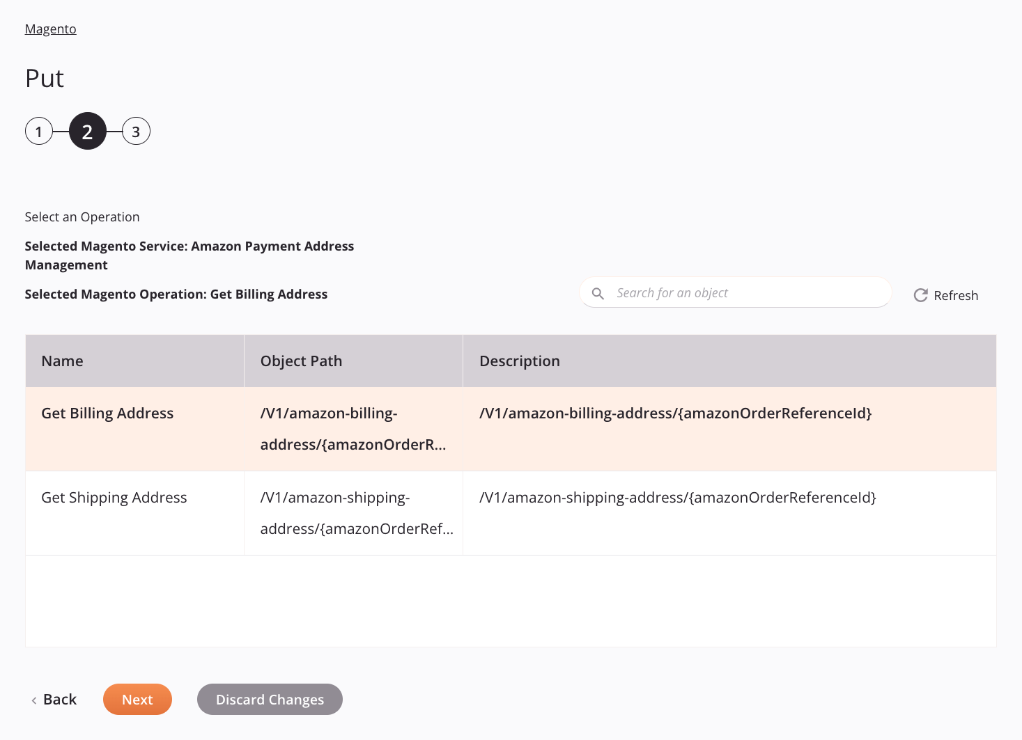 Paso 2 de configuración de actividad de Magento Put