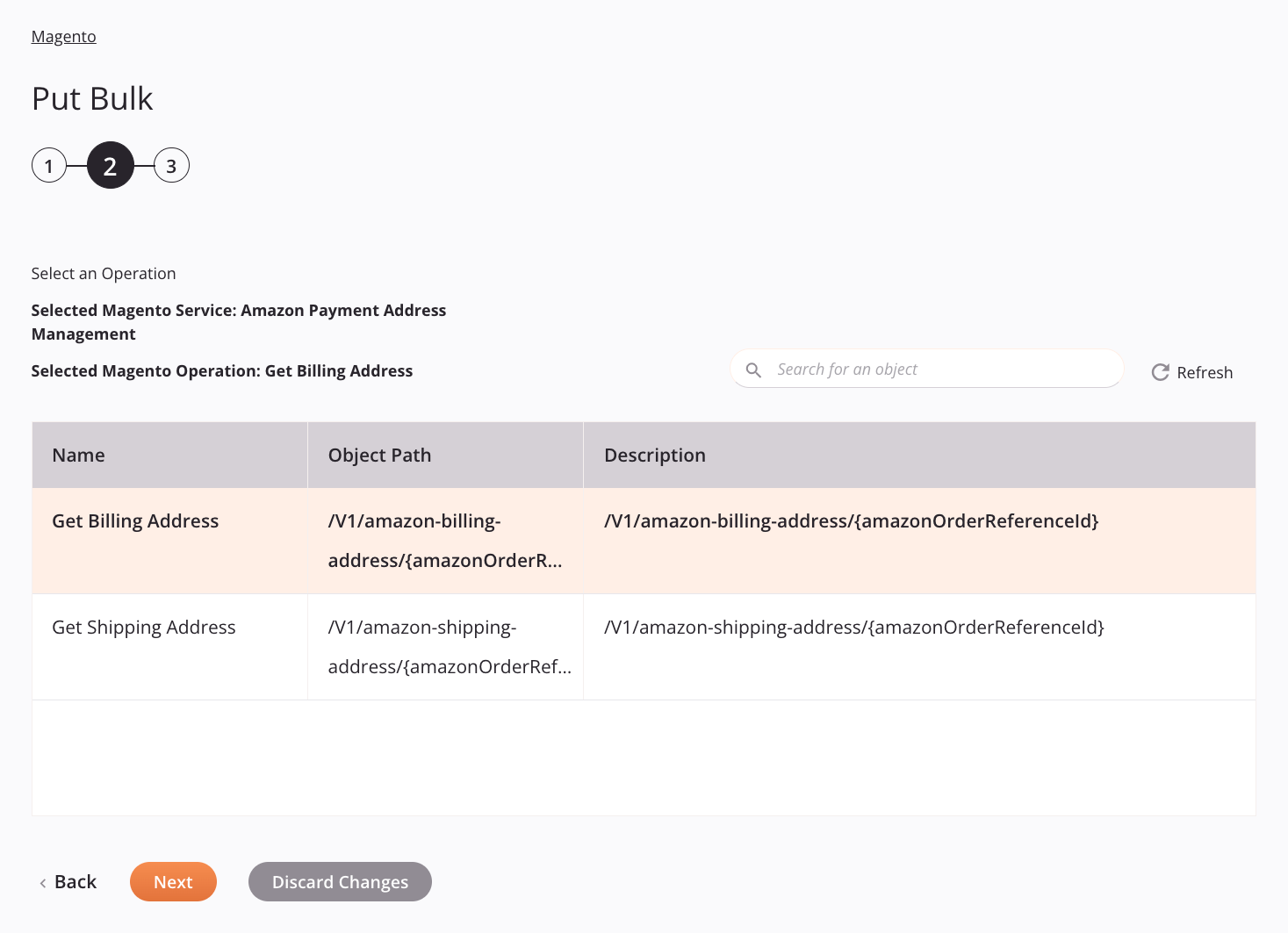 Paso 2 de configuración de actividad masiva de Magento Put