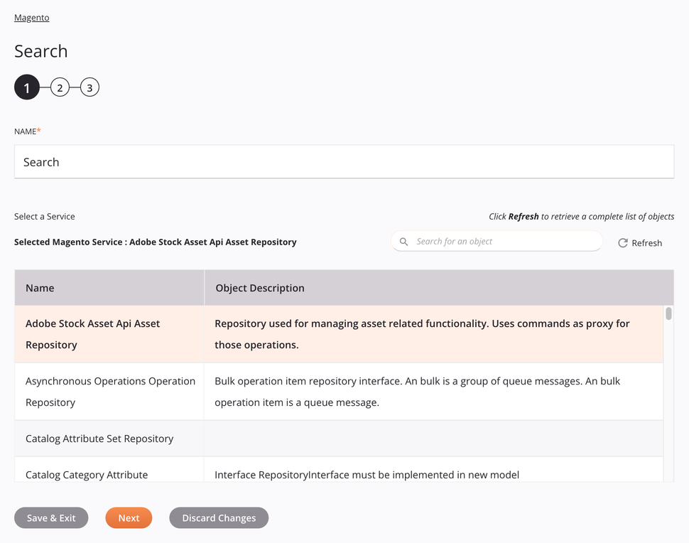 Paso 1 de configuración de la actividad de búsqueda de Magento